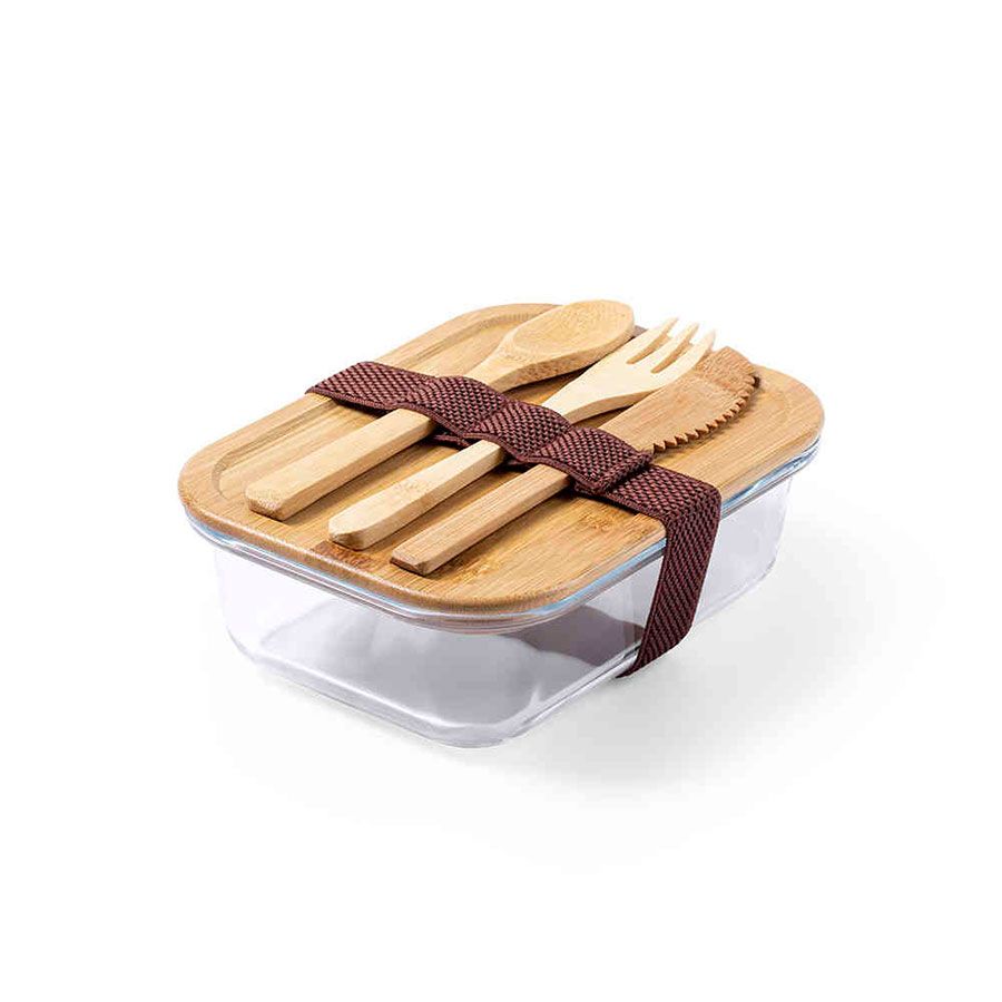 Ланч-бокс BEJAR, ложка, вилка нож в комплекте, стекло/бамбук для бизнеса
