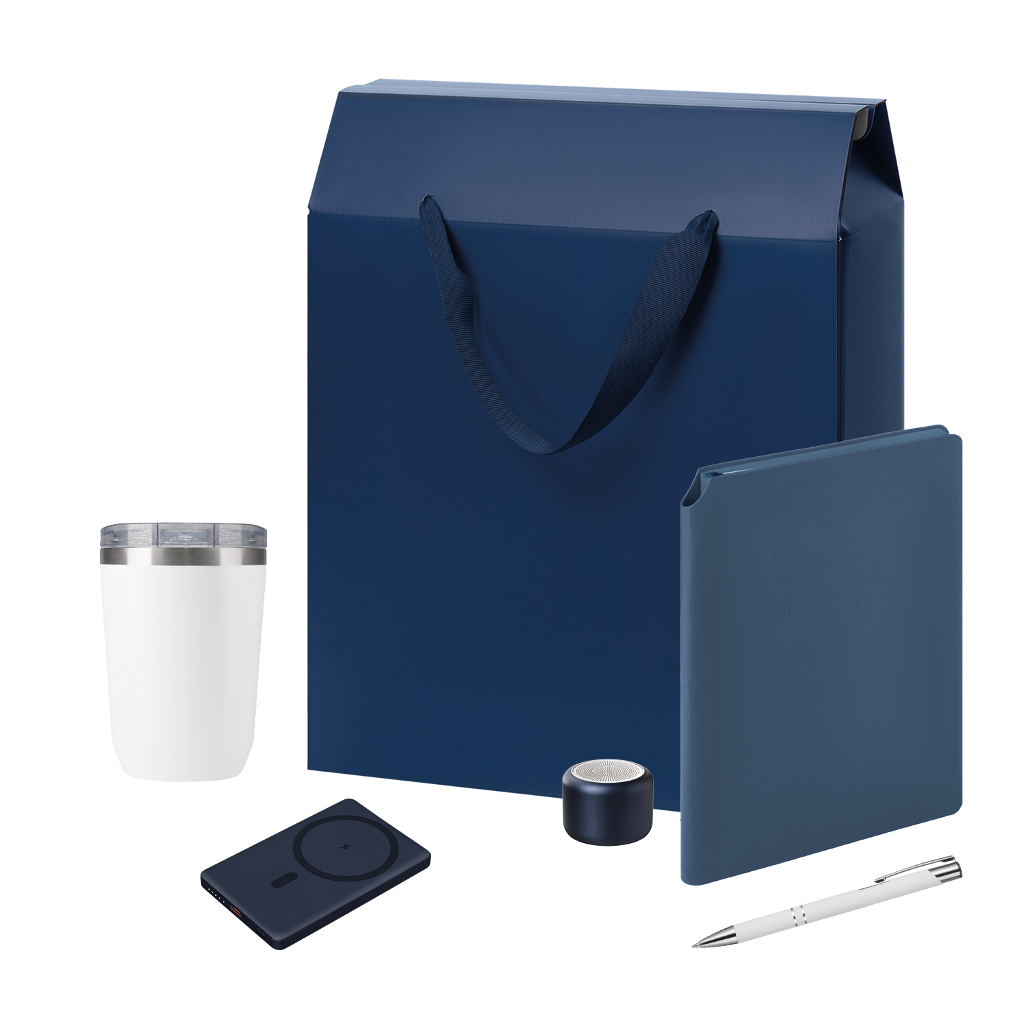 Подарочный набор Велком Пак Премиум (Welcome Pack Premium), синий (термокружка, колонка, ежедневник, ручка, ЗУ, коробка-пакет) для бизнеса