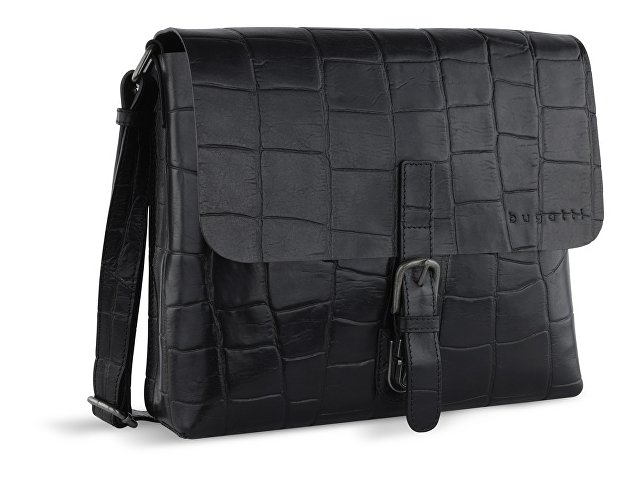 Сумка-мессенджер мужская BUGATTI НЕВИО | NEVIO, чёрная, воловья кожа/хлопок, 30,5х7х25 см, 5 л для бизнеса