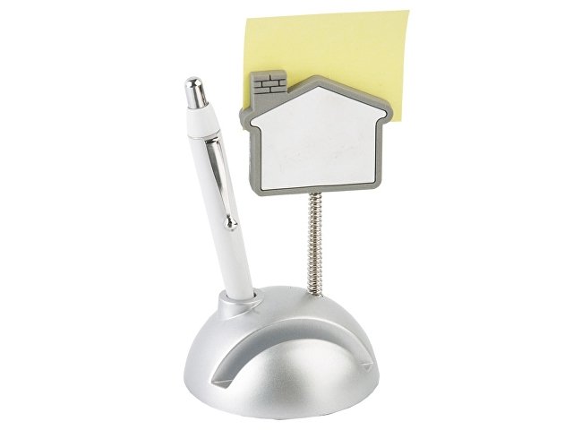 Подставка для визиток и ручки с держателем для бумаги "Домик", серебристый/белый (Р) для бизнеса