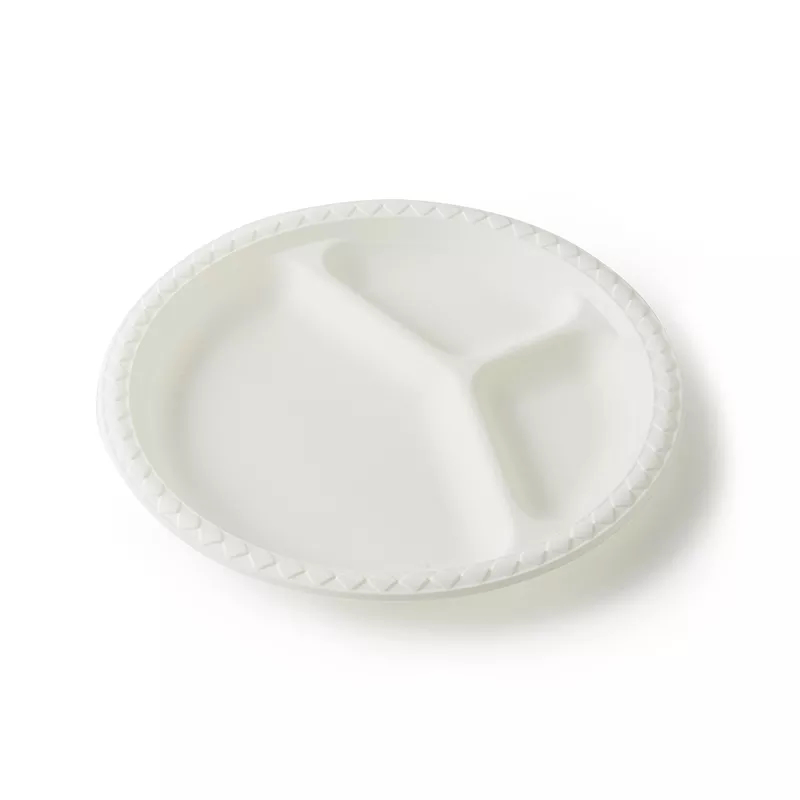 Круглая тарелка с разделением на 3 зоны из кукурузного крахмала 10 дюймов   для бизнеса