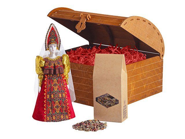 Подарочный набор: кукла фарфоровая, чай "Малина с мятой", красный