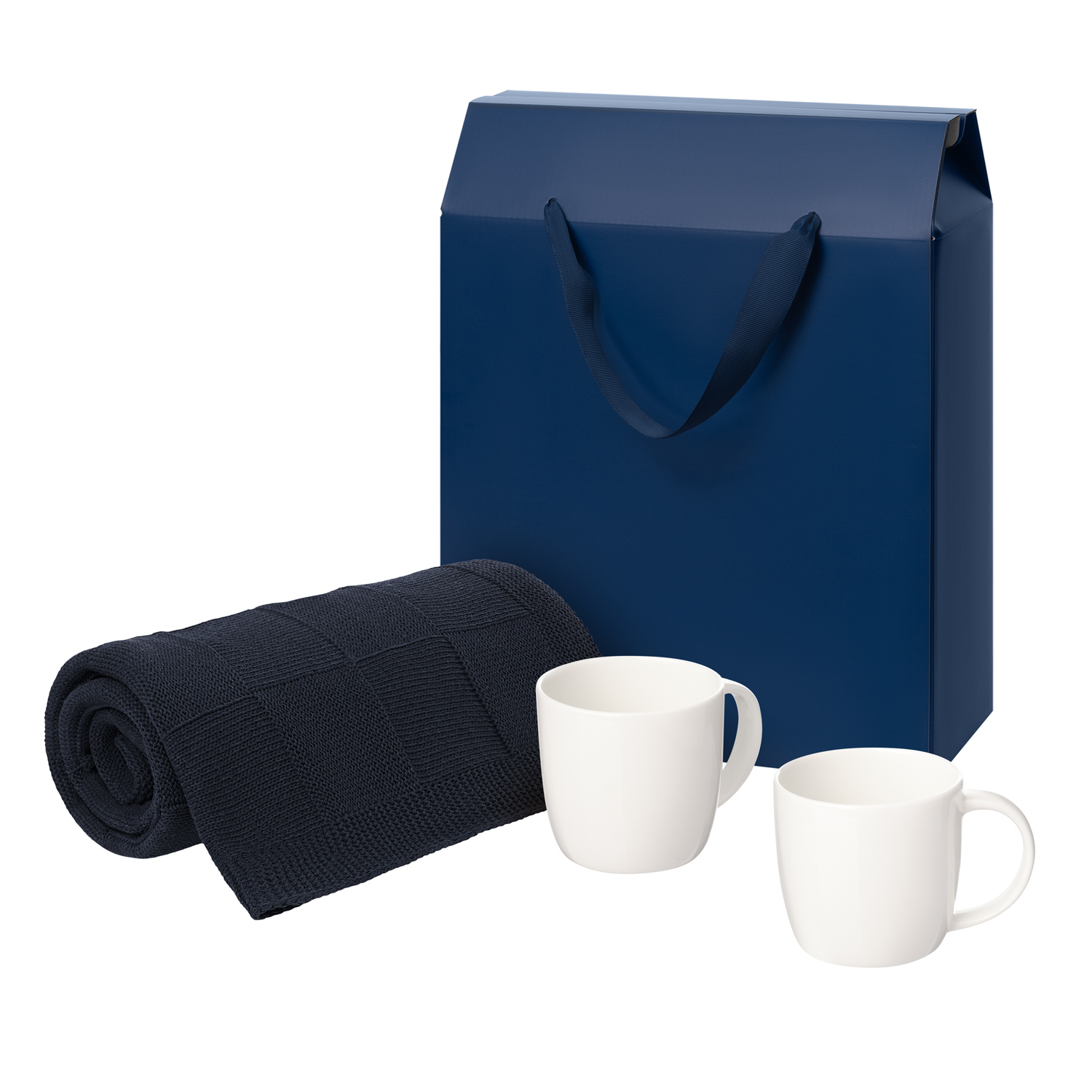 Подарочный набор Dafna, Cella, синий в коробке-пакете (две фарфоровых кружки, плед)