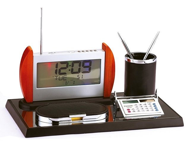 Настольный прибор "Монреаль": часы, радио, калькулятор, подставка под ручки, бумажный блок для бизнеса