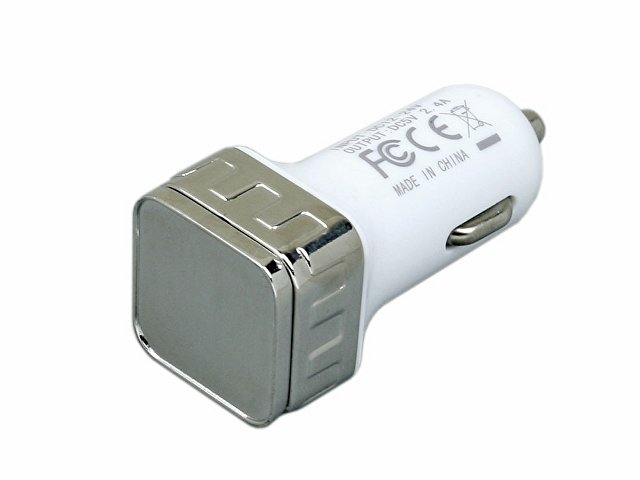 Автомобильная зарядка CC-03, 2 USB порта, квадратное основание для логотипа, серебро для бизнеса