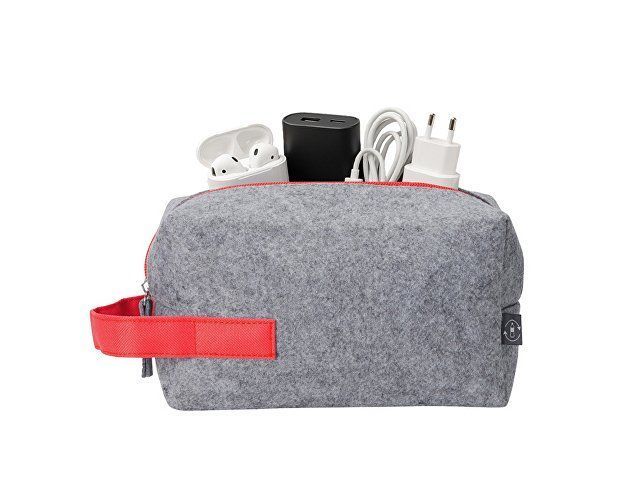 Органайзер для электроники и проводов "Felt" из RPET-фетра с ручкой, серый с красным