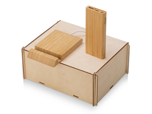 Подарочный набор с БЗУ и внешним аккумулятором «Bamboo Set», натуральный для бизнеса