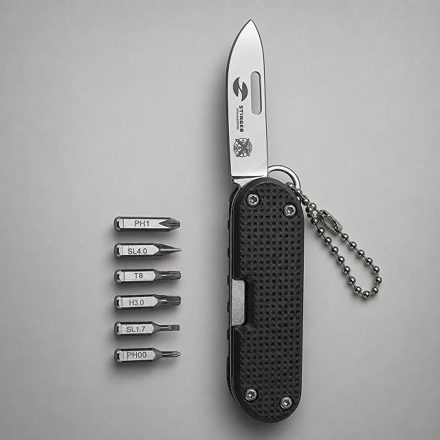 Нож перочинный Stinger, 73 мм, 8 функций, материал рукояти фиброволокно, нейлон (черный), в картонной коробке для бизнеса