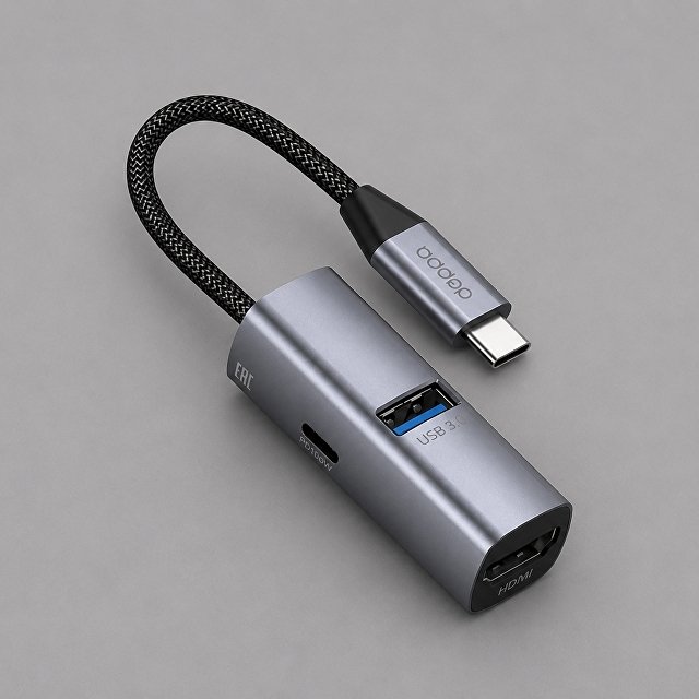 USB-хаб 3 в 1 USB-C - USB-A3.0 + USB-C PD100Вт + HDMI, серый, Deppa для бизнеса