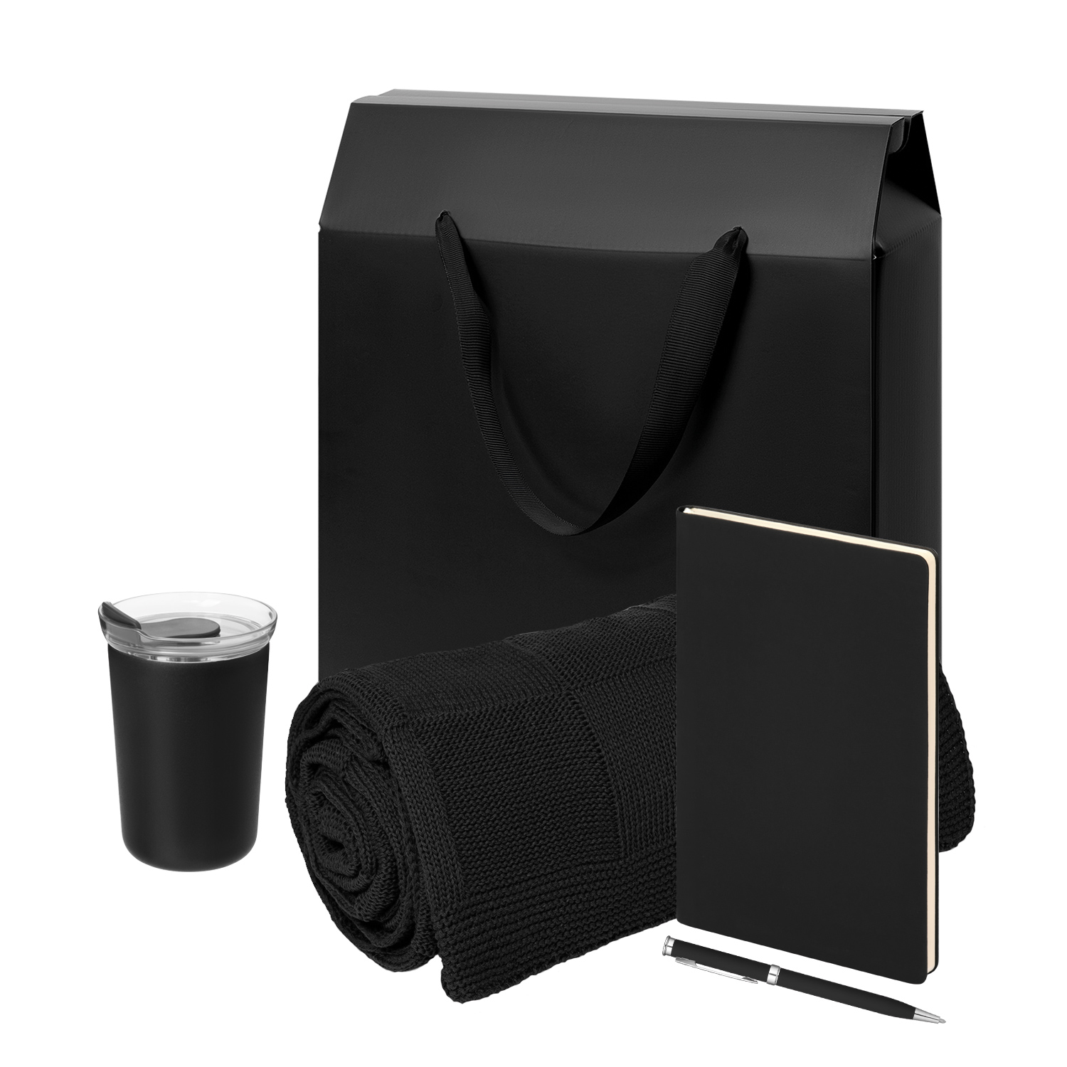 Подарочный набор Велком Пак Спарк (Welcome Pack Spark), черный (термокружка,ежедневник, ручка, плед, коробка-пакет) для бизнеса