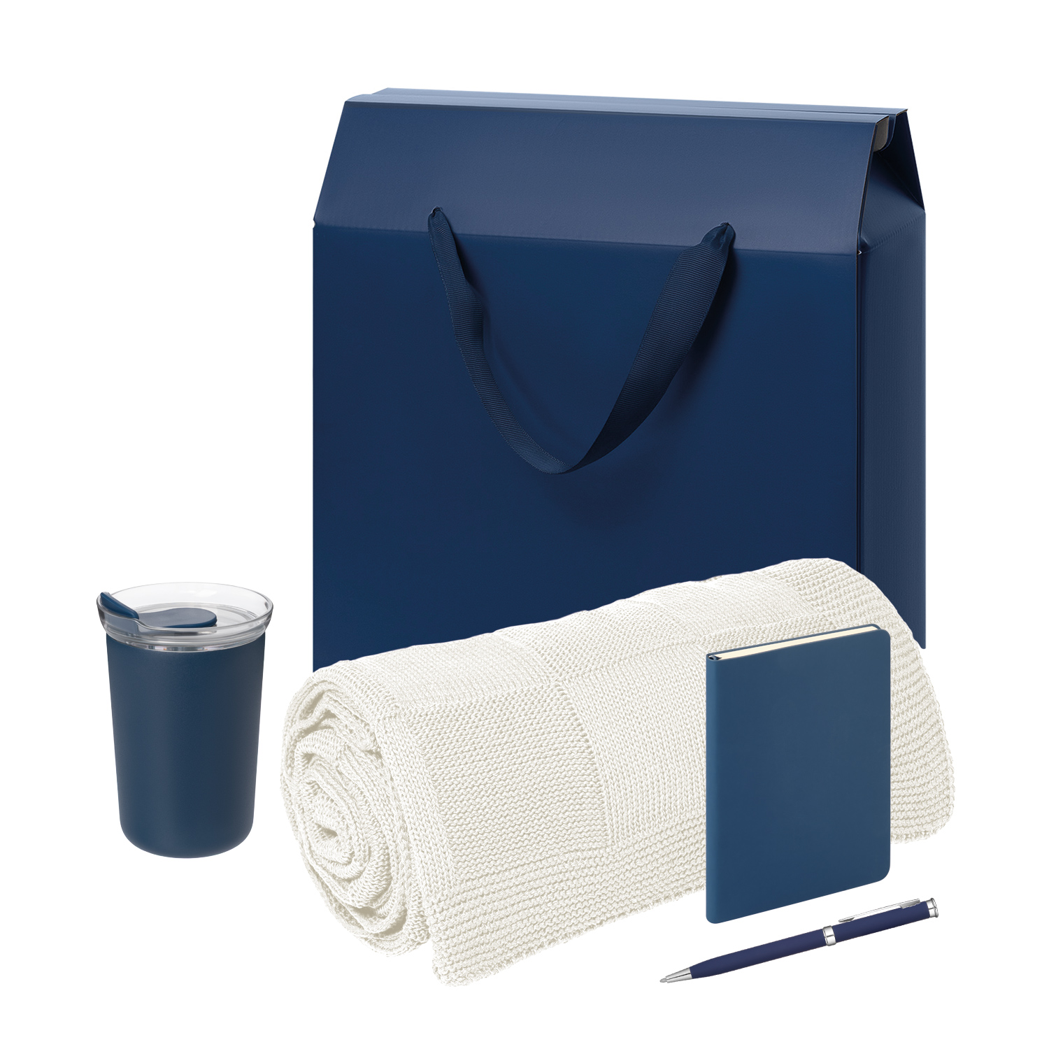 Подарочный набор Велком Пак Спарк мини (Welcome Pack Spark mini), синий (термокружка, блокнот, ручка, плед, коробка-пакет) для бизнеса
