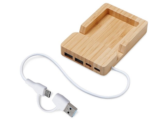 USB хаб «Memo», 2*USB, 2*Type C, бамбук для бизнеса