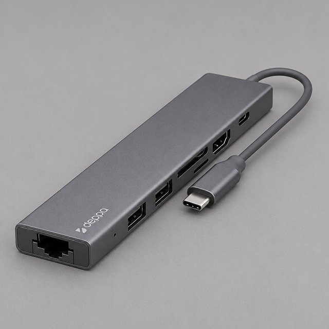 USB Type-C хаб 7-в-1, HDMI, Power Delivery, 2xUSB 3.0, RJ45, microSD/SD, графит, Deppa для бизнеса