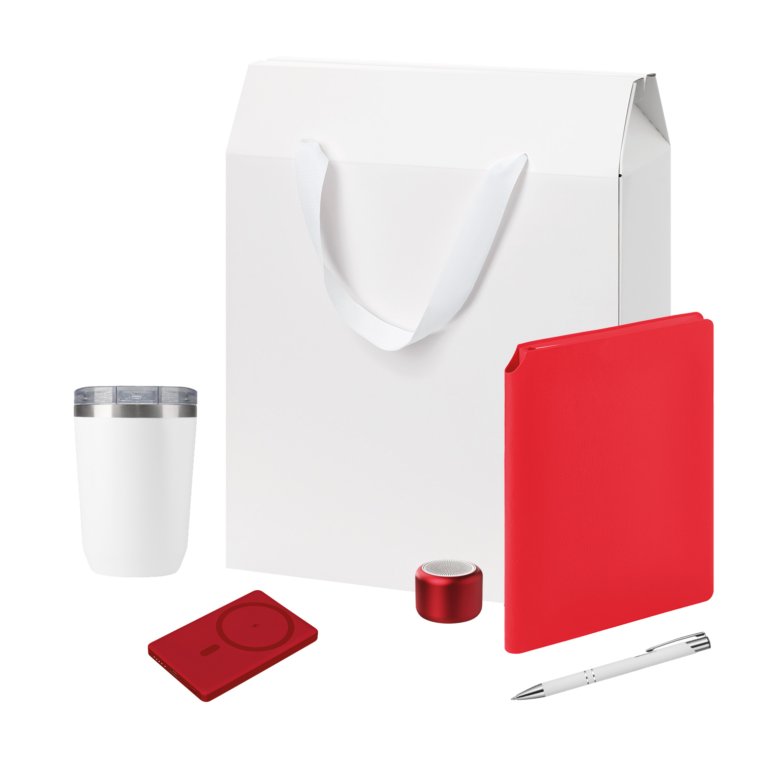 Подарочный набор Велком Пак Премиум (Welcome Pack Premium), красный (термокружка, колонка, ежедневник, ручка, ЗУ, коробка-пакет) для бизнеса