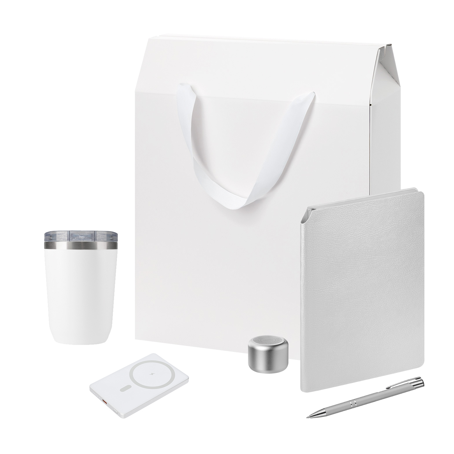 Подарочный набор Велком Пак Премиум (Welcome Pack Premium), серебряный (термокружка, колонка, ежедневник, ручка, ЗУ, коробка-пакет) для бизнеса
