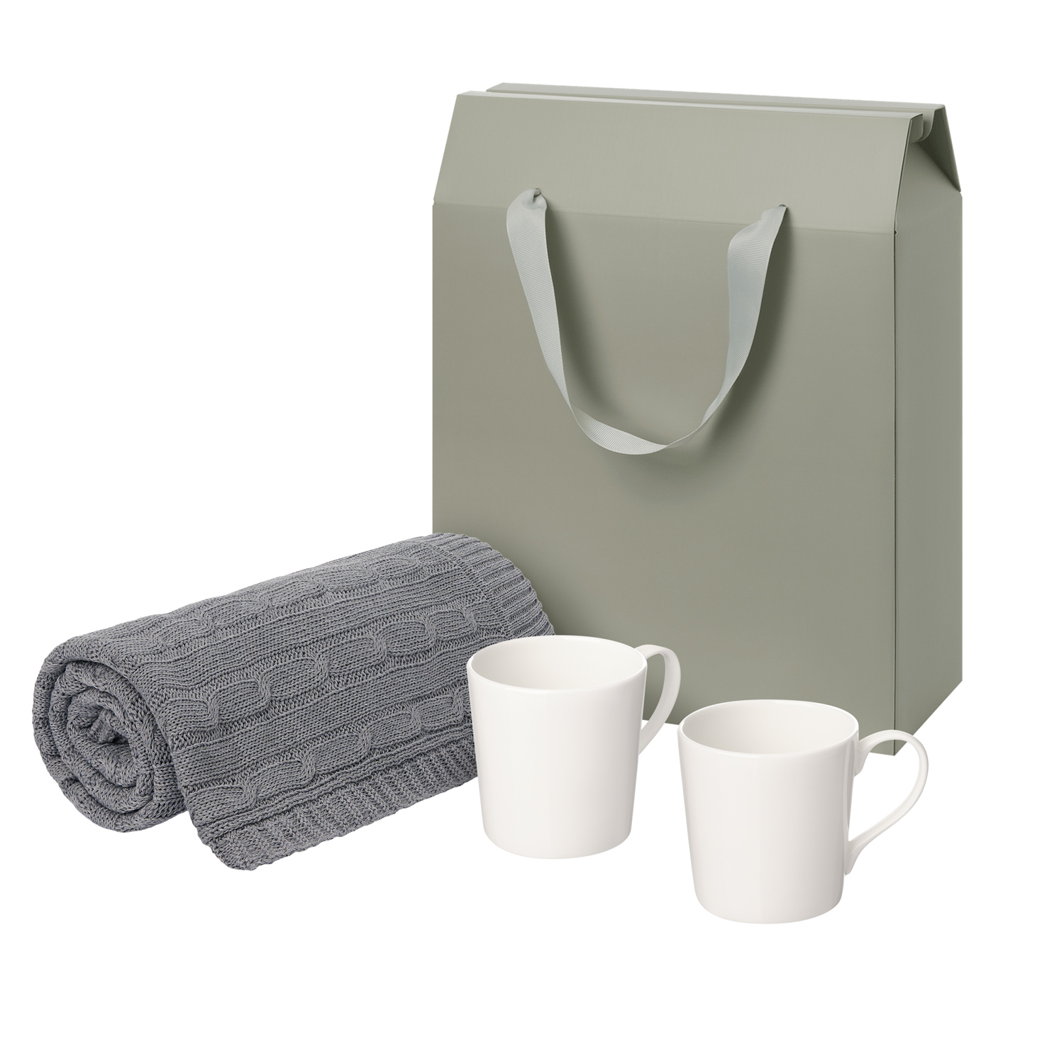 Подарочный набор Сиена (Siena), Фадо (Fado), серый в коробке-пакете (две фарфоровых кружки, плед) для бизнеса