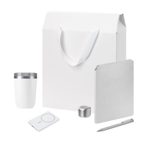 Подарочный набор Welcome Pack Premium, серебряный (термокружка, колонка, ежедневник, ручка, ЗУ, коробка-пакет)