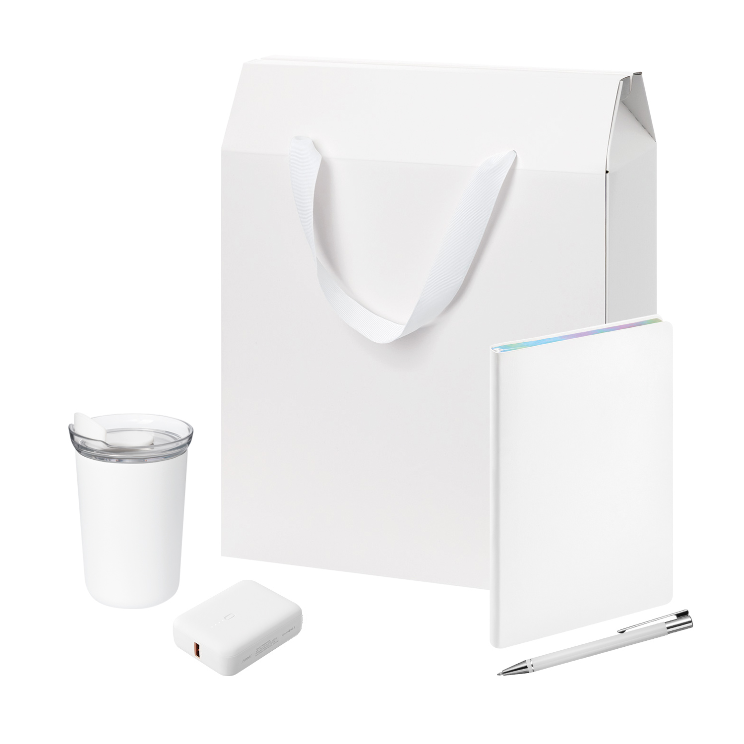 Подарочный набор Велком Пак (Welcome Pack), белый (термокружка, ежедневник, ручка, ЗУ, коробка-пакет) для бизнеса