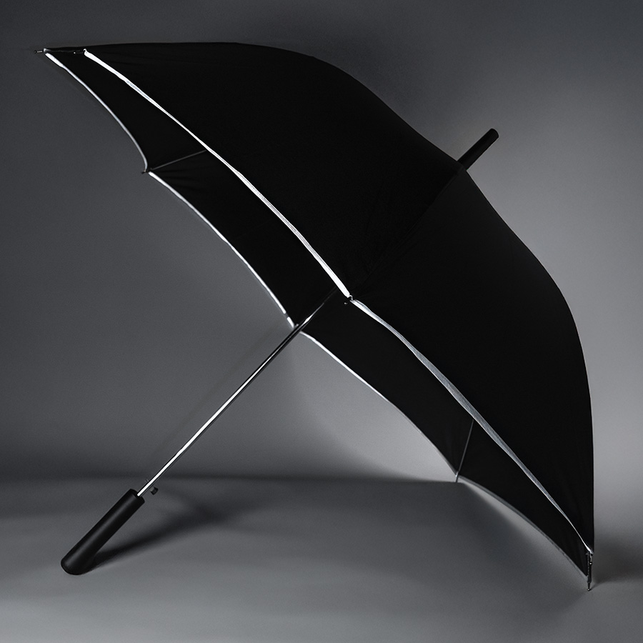 Зонт-трость "Reflect", полуавтомат, эпонж, чёрный со светоотражающей окантовкой в чехле с ручкой для бизнеса