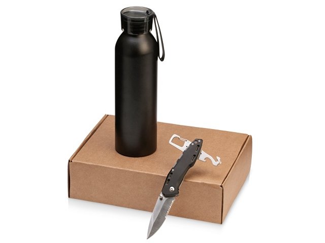 Подарочный набор с бутылкой для воды и ножом «Tourist», черный для бизнеса