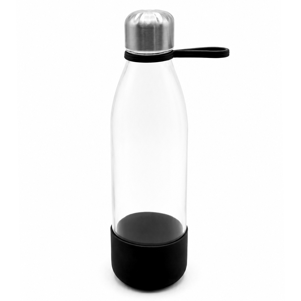 Бутылка стеклянная с манжетой и держателем Glassy, синяя для бизнеса