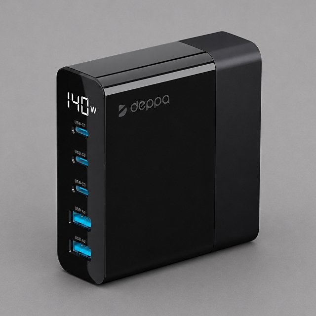 Зарядная станция 3xUSB Type-C, 2xUSB, PD, QC, 140Вт, черный, Deppa для бизнеса